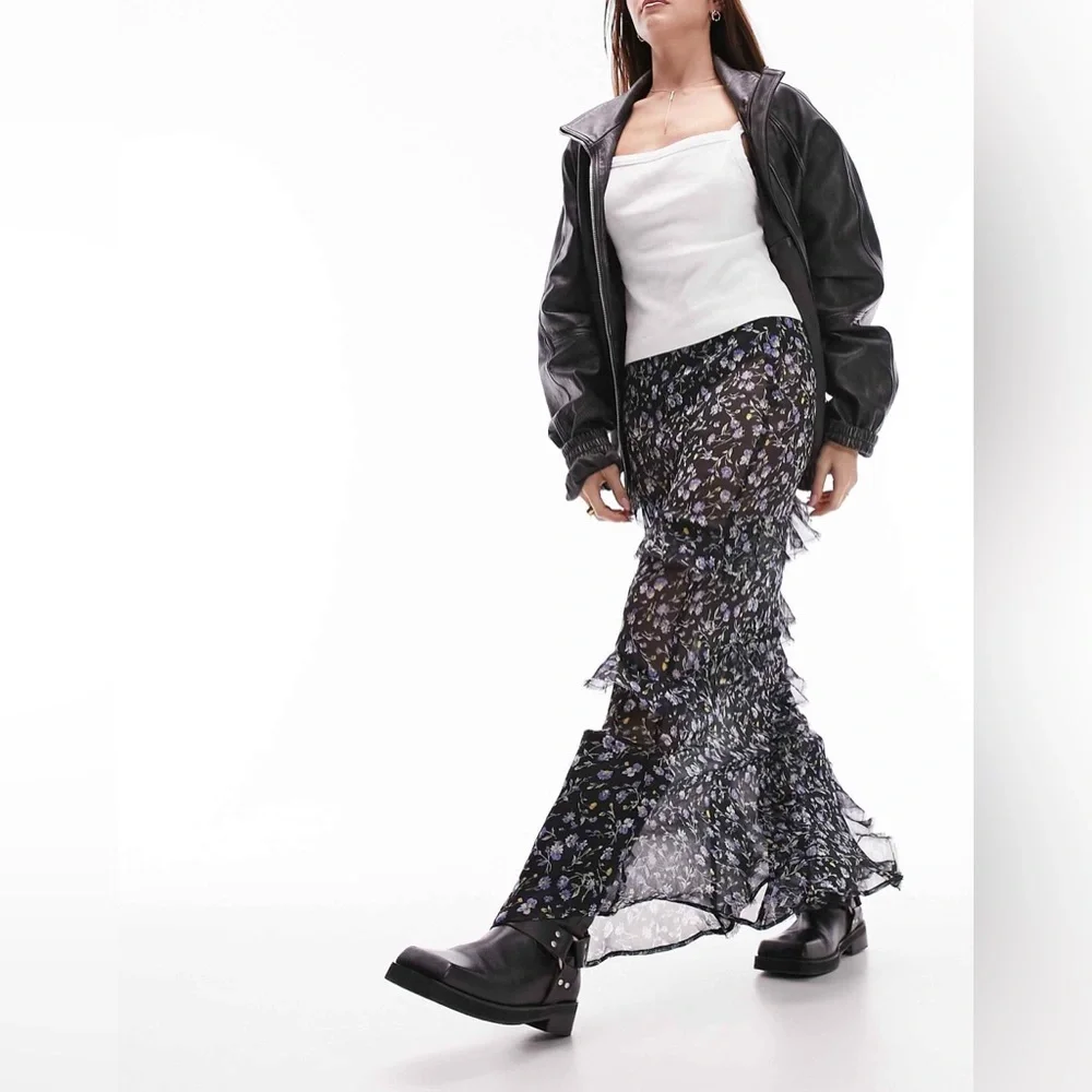 Topshop Black and Blue Floral Maxi Skirt